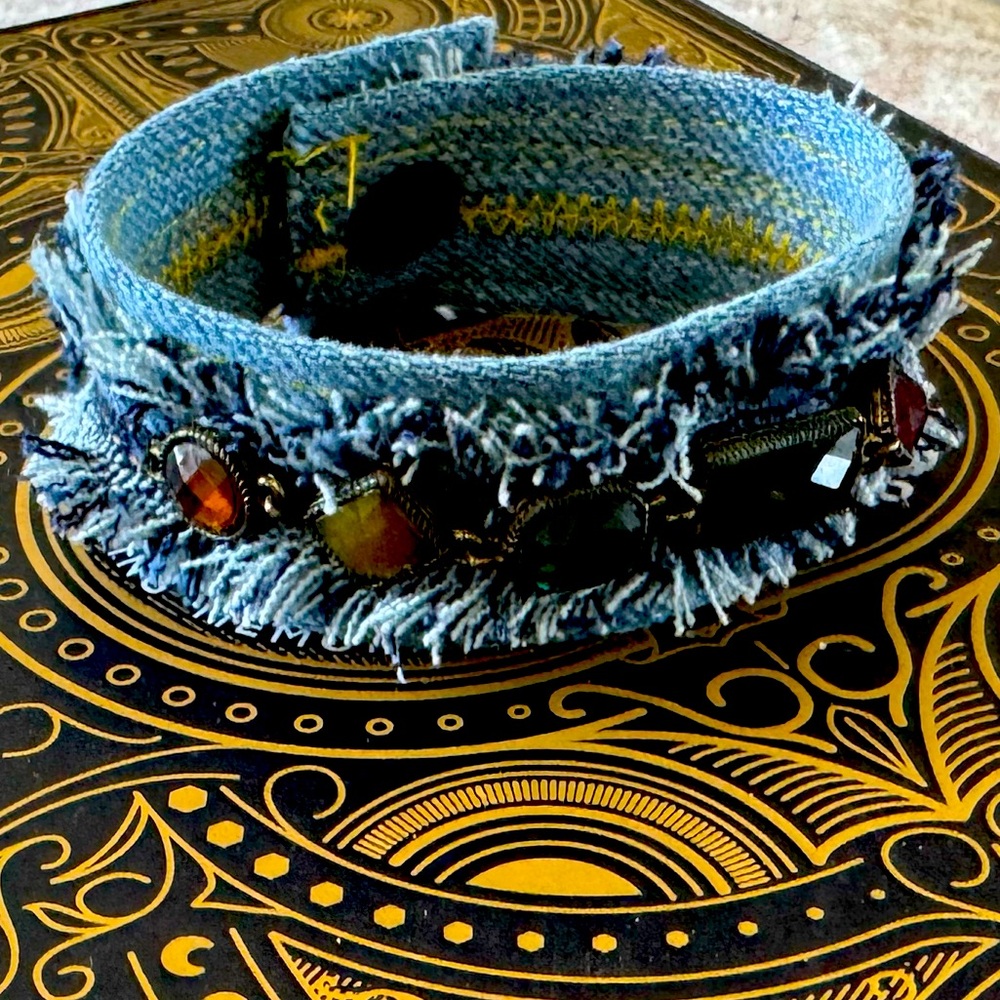Frayed Denim Cuff Bracelet with Faux Faceted Bronze Simulated Gemstones-Boho